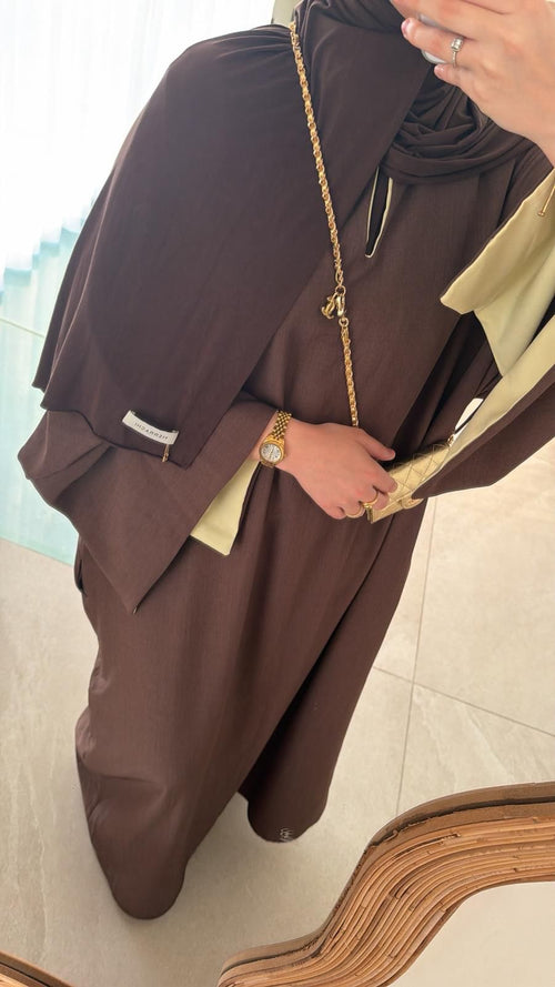 Abaya marron intérieur jaune