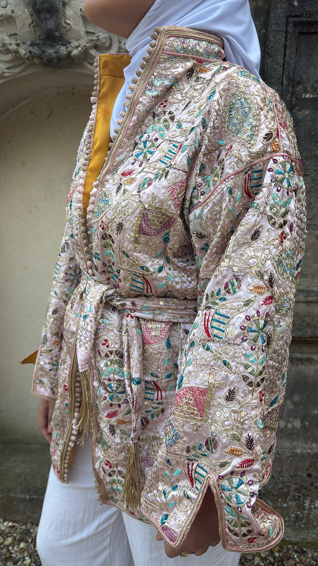 Kimono rose poudré intérieur jaune moutarde 🪡