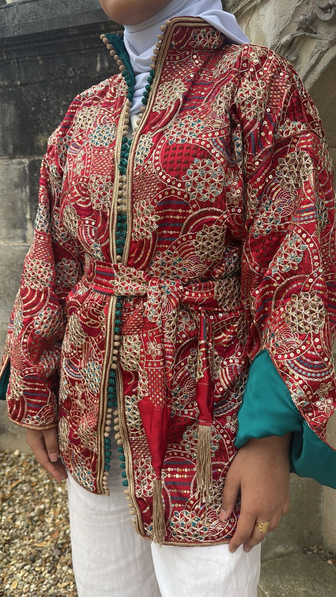 Kimono  rouge intérieur vert émeraude