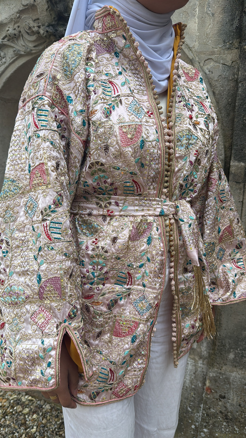 Kimono rose poudré intérieur jaune moutarde 🪡