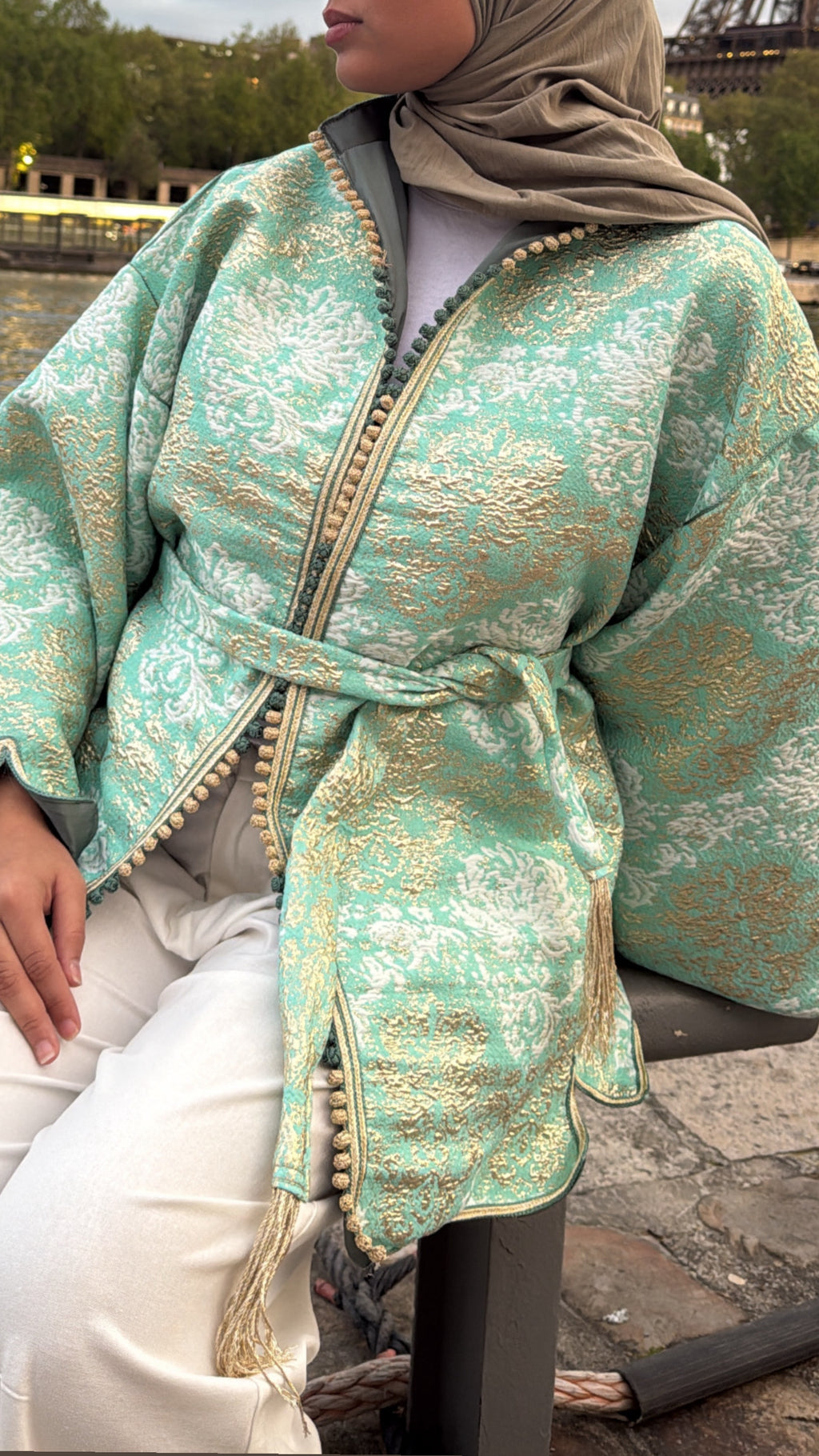 Kimono brocard vert intérieur kaki 🪡🤍