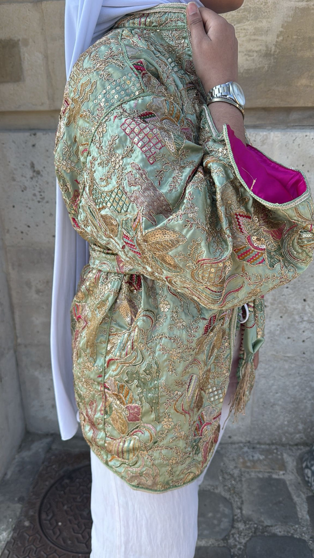 Kimono vert intérieur fushia