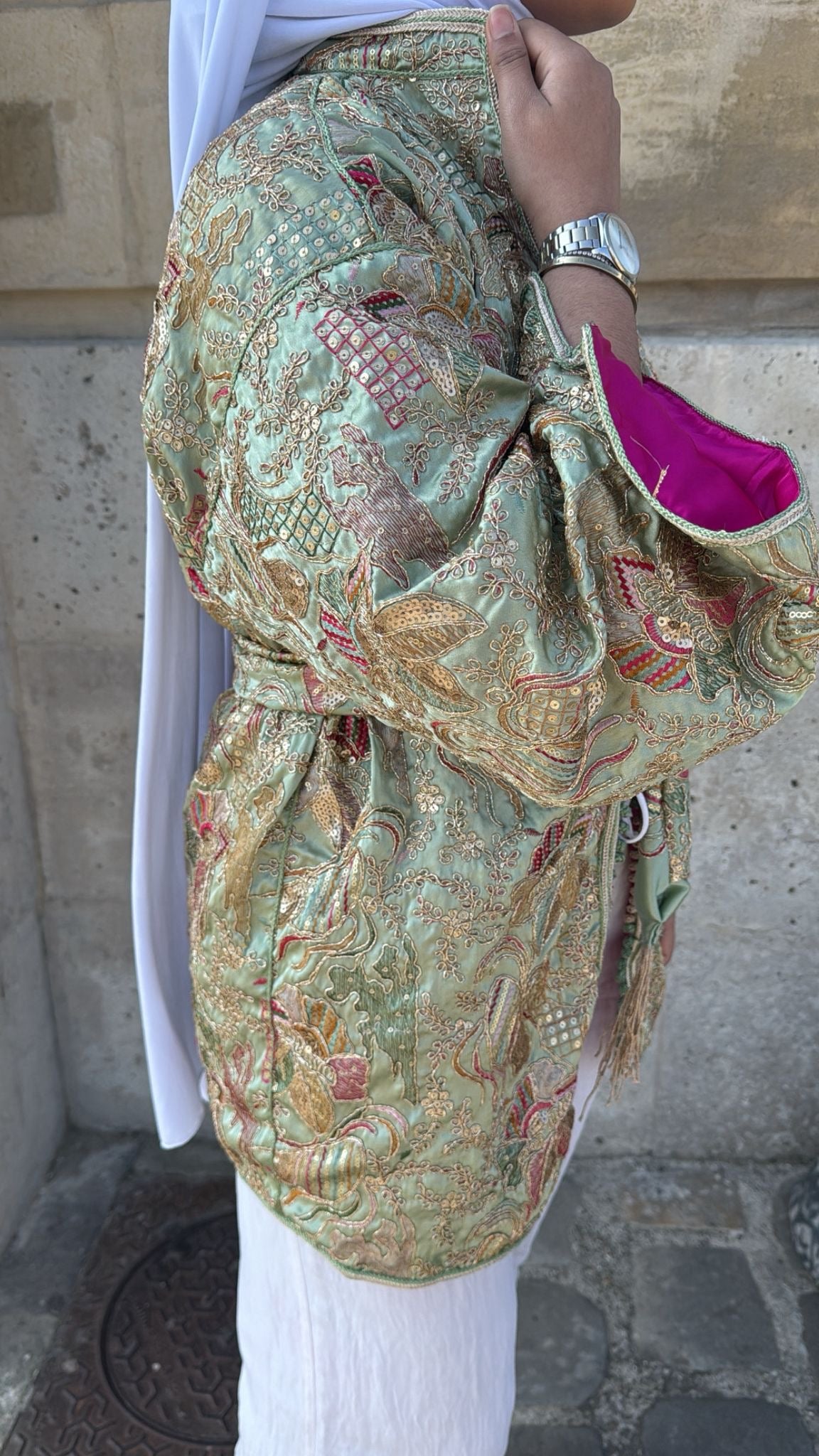 Kimono vert intérieur fushia