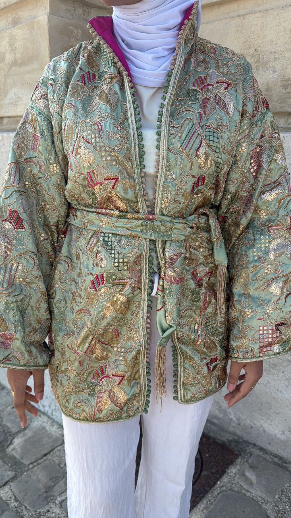 Kimono vert intérieur fushia